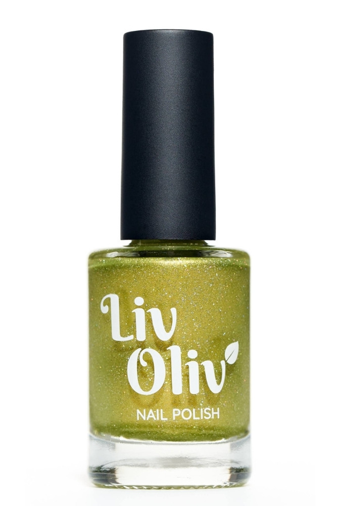 glass bottle of olive green sparkly vegan nail polish